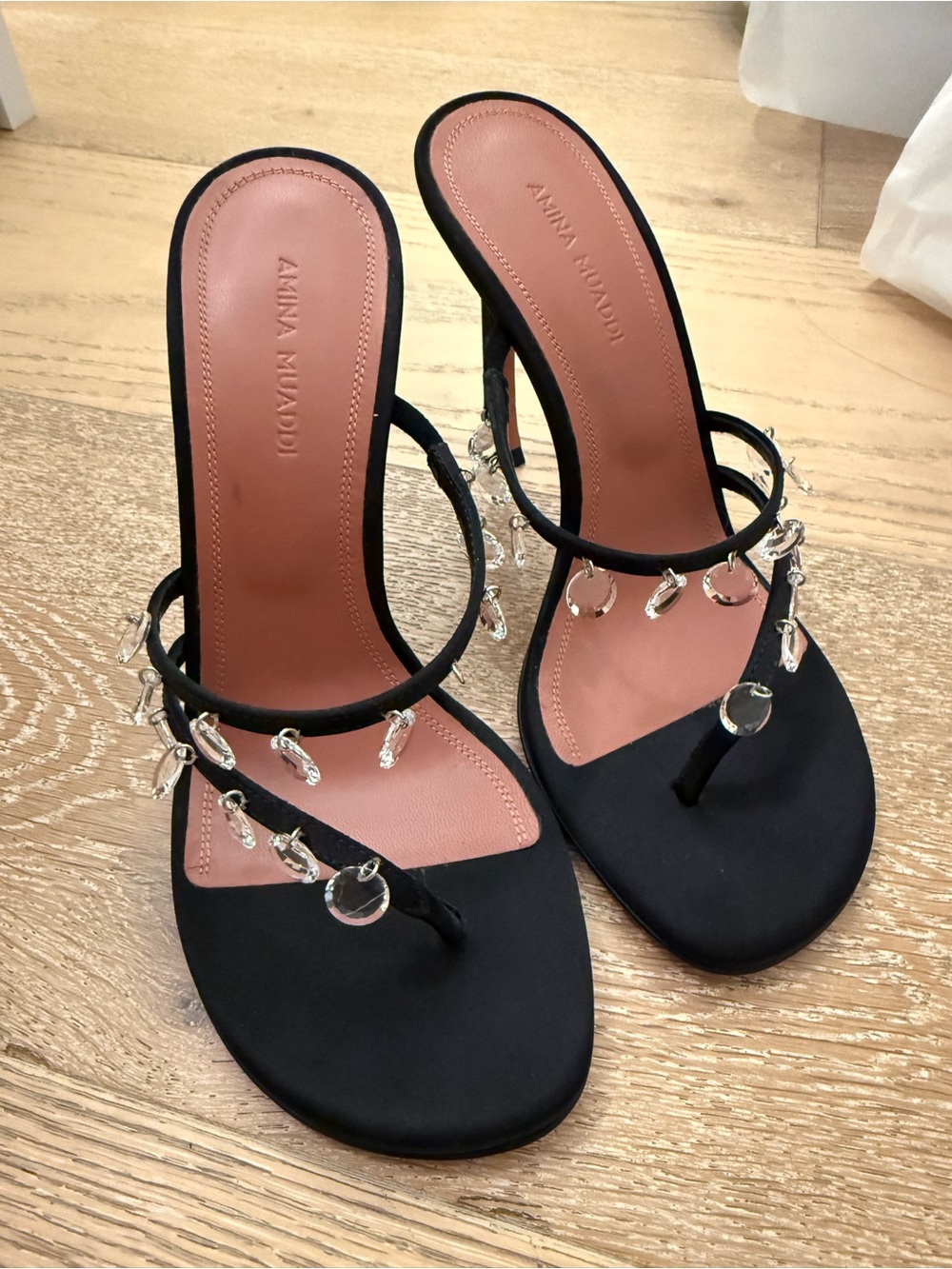 BRAND NEW AMINA MUADDI Black Crystal-Embellished Thong Sandals